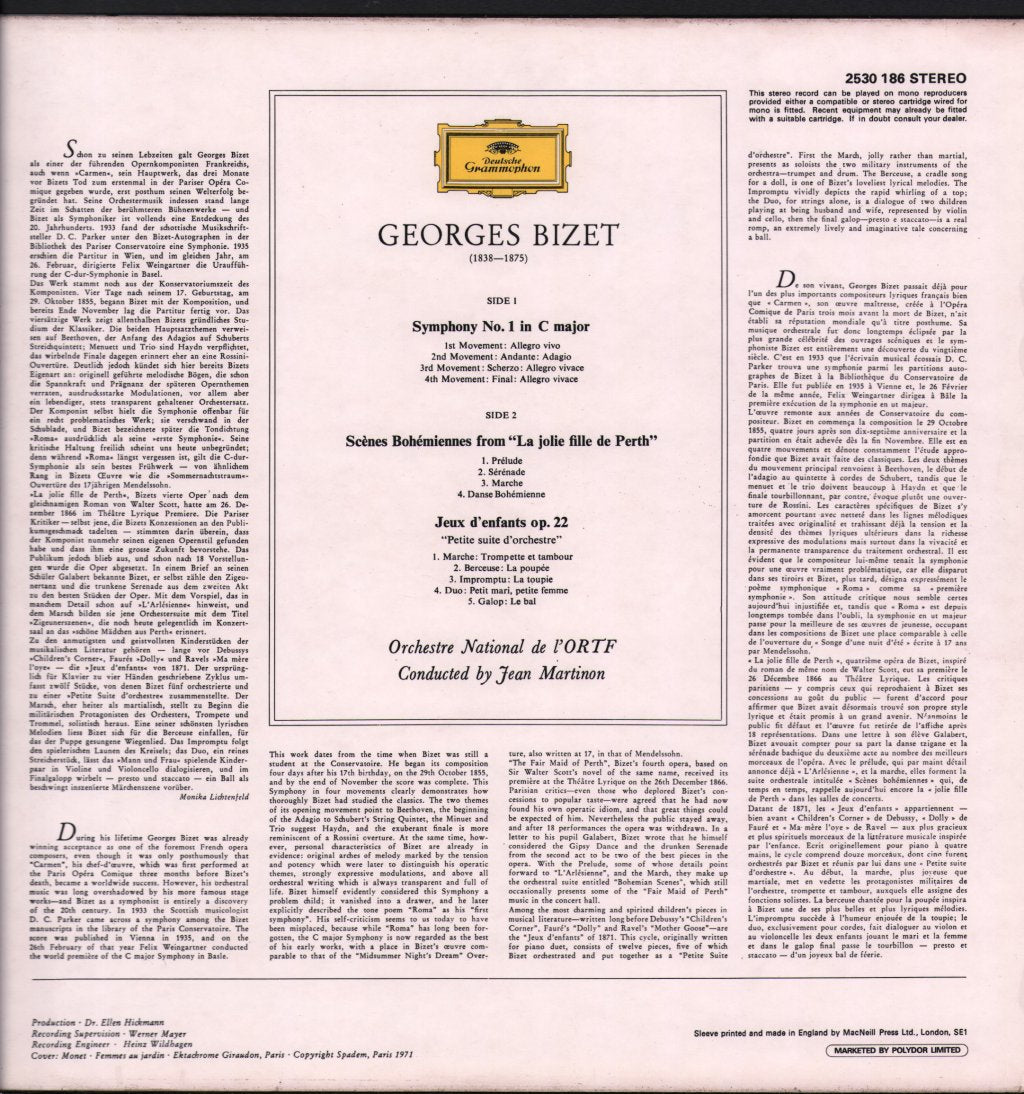 Jean Martinon / Orchestre National De L'O.R.T.F. - Georges Bizet - Symphony No. 1 In C Major / Jeux D'Enfants - Lp