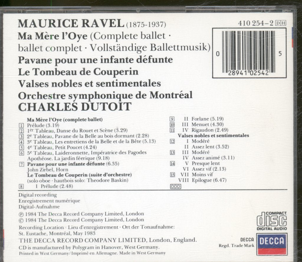 Orchestre Symphonique De Montréal, Charles Dutoit - Ravel - Ma Mère L'Oye - Pavane Pour Une Infante Défunte - Le Tombeau De Couperin - Valses Nobles Et Sentimentales - Cd
