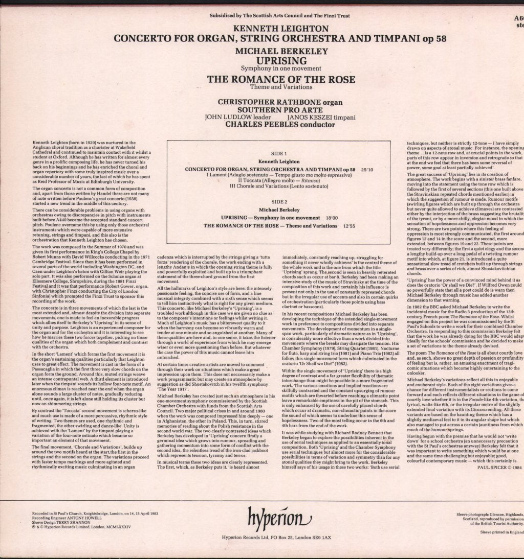 Christopher Rathbone / Southern Pro Arte / Charles Peebles - Kenneth Leighton - Organ Concerto / Michael Berkeley - Uprising / The Romance Of The Rose - Lp