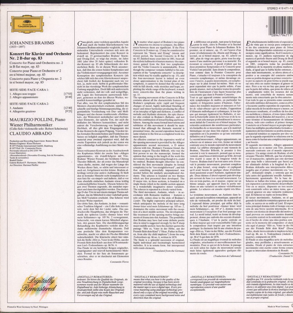 Maurizio Pollini / Claudio Abbado / Vienna Philharmonic Orchestra - Johannes Brahms - Piano Concerto No. 2 - Lp