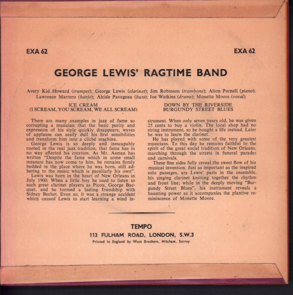 George Lewis' Ragtime Band - Ice Cream - 7 Inch