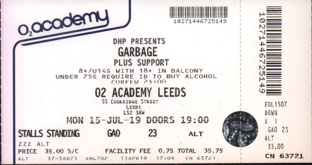Garbage - o2 academy leeds 15th july 2019 - Ticket