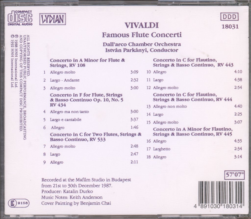 Dall' Arco Chamber Orchestra, István Párkányi - Vivaldi - Famous Flute Concerti - Cd