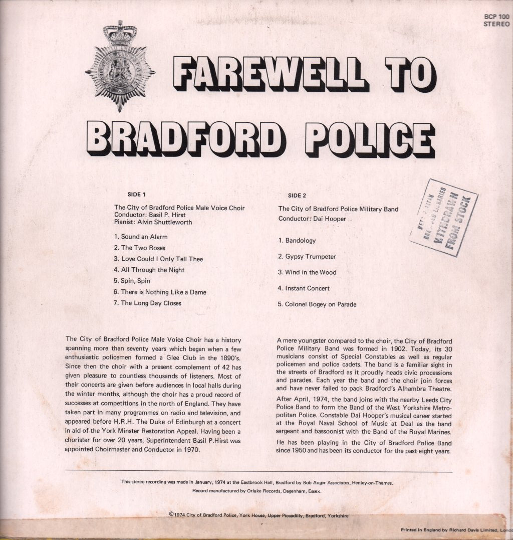 City Of Bradford Police Military Band - Farewell To Bradford Police - Lp