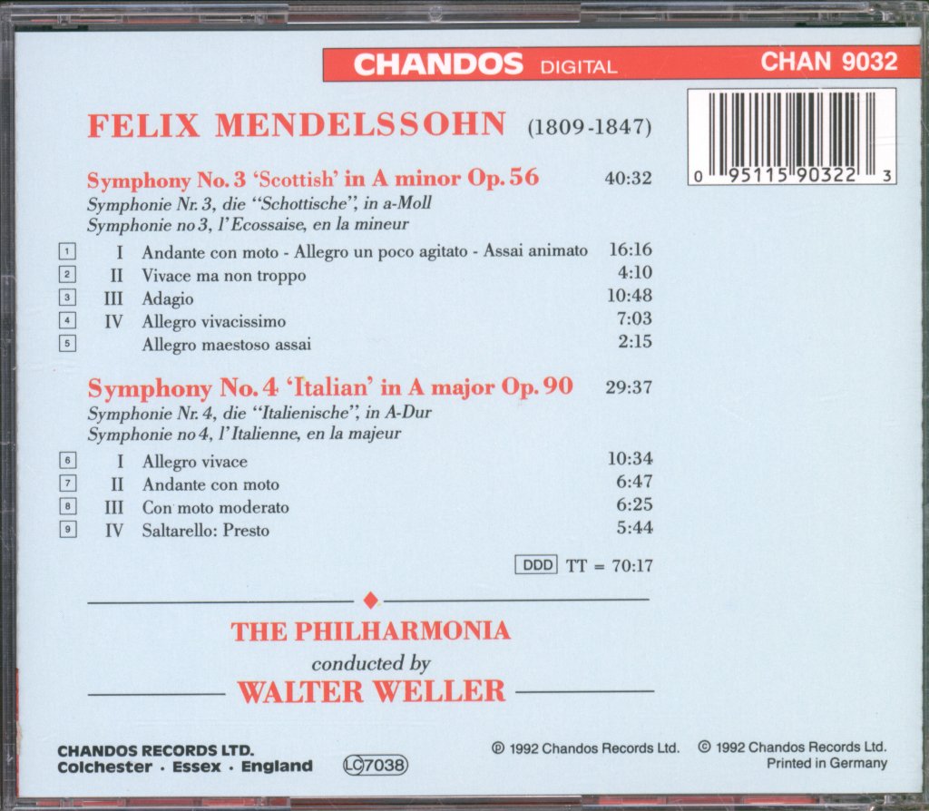 Philharmonia Orchestra, Walter Weller - Mendelssohn - Symphony No. 3 "Scottish" / Symphony No. 4 "Italian" - Cd
