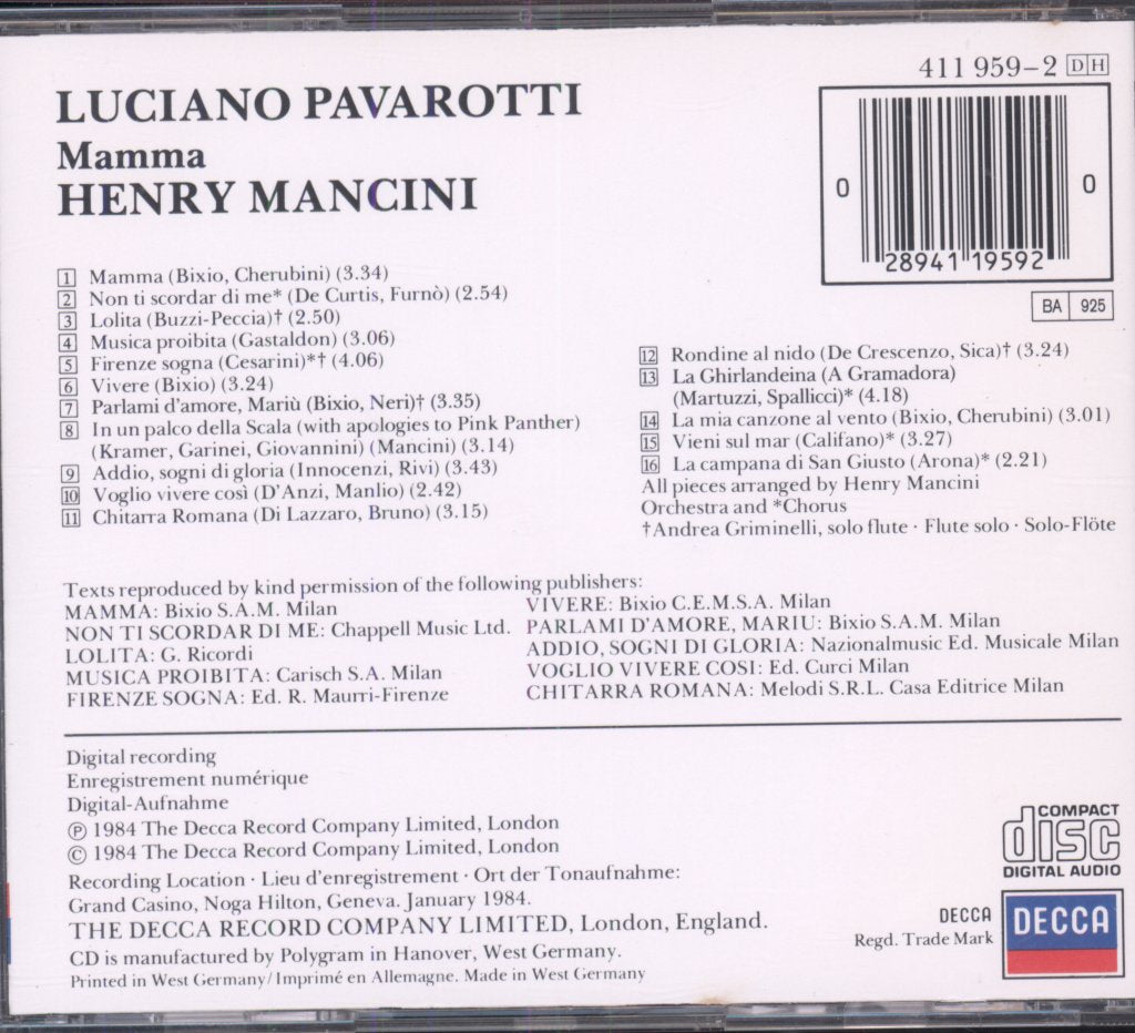 Luciano Pavarotti / Henry Mancini - Mamma - Cd