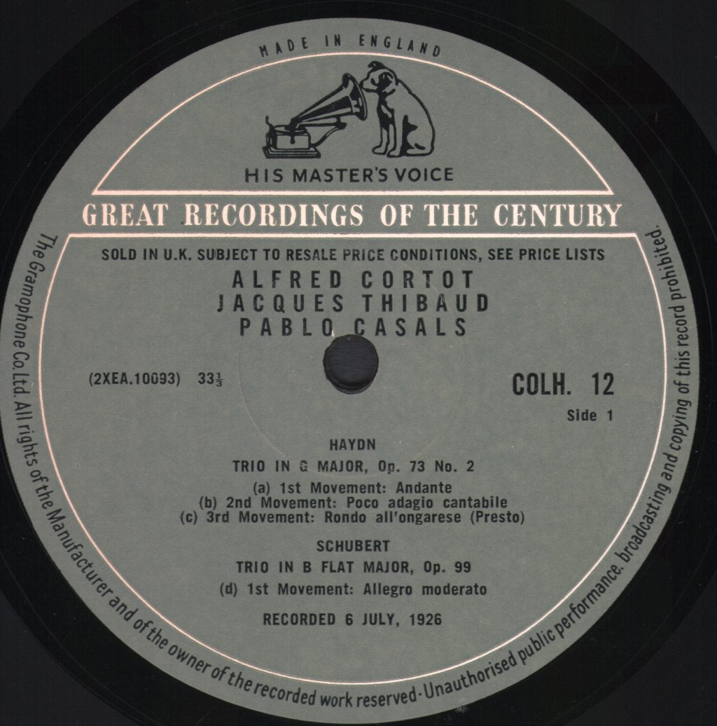Alfred Cortot / Jacques Thibaud / Pablo Casals - Schubert - Trio In G Major, Op. 73, No. 2 / Haydn - Trio In B Flat Major, Op. 99 Schubert - Lp
