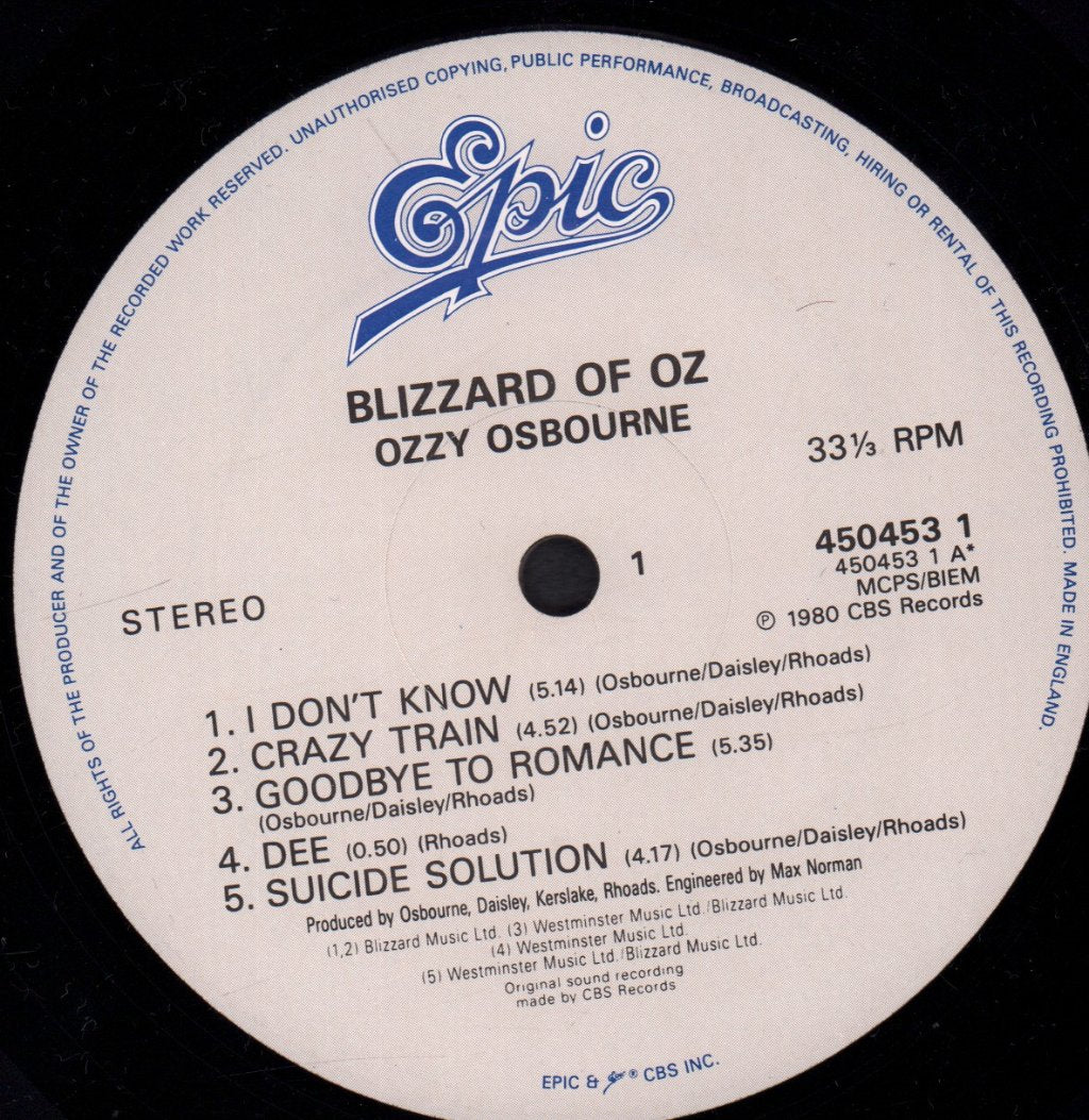 Ozzy Osbourne - Blizzard Of Ozz - Lp
