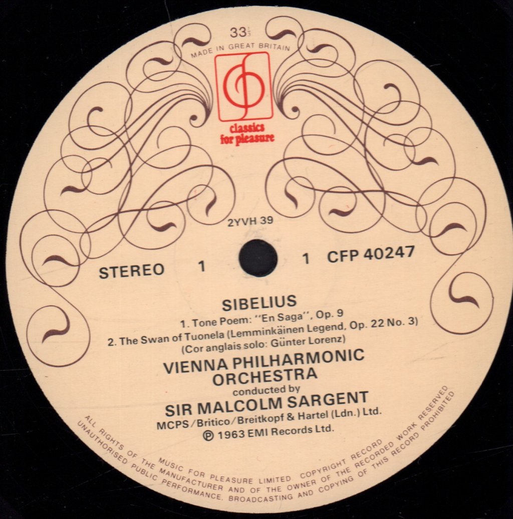 Sir Malcolm Sargent / Vienna Philharmonic Orchestra - Sibelius Finlandia / Swan Of Tuonela / Karelia Suite - Lp