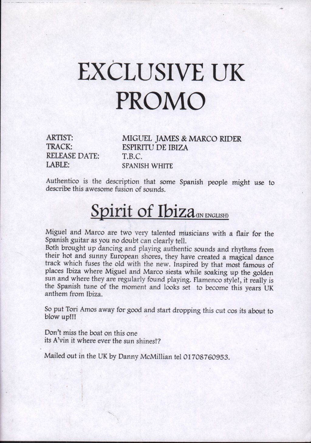 Mike James and marco rider - Espiritu De Ibiza - 12 Inch
