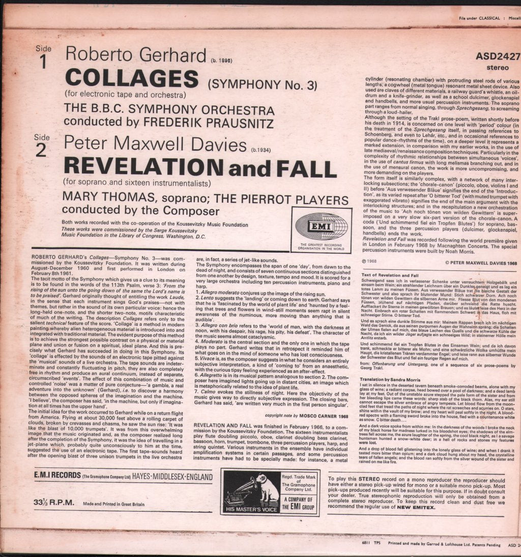 BBC Symphony Orchestra / Frederik Prausnitz / Mary Thomas / Pierrot Players - Roberto Gerhard - Collages (Symphony No. 3) /  Peter Maxwell Davies - Revelation And Fall - Lp