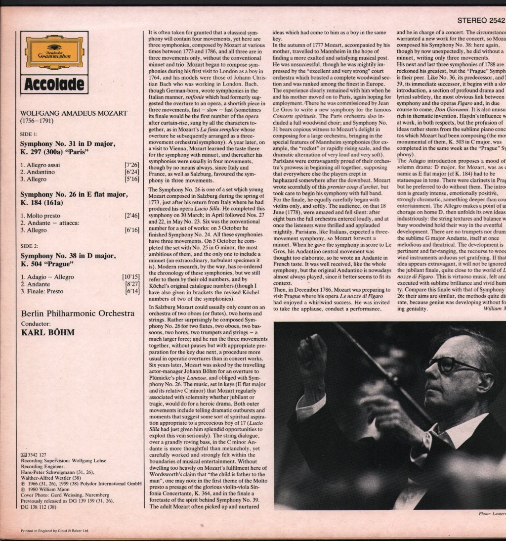 Karl Bohm / Berlin Philharmonic - Mozart - Symphonies Nos 26, 31 & 38 - Lp