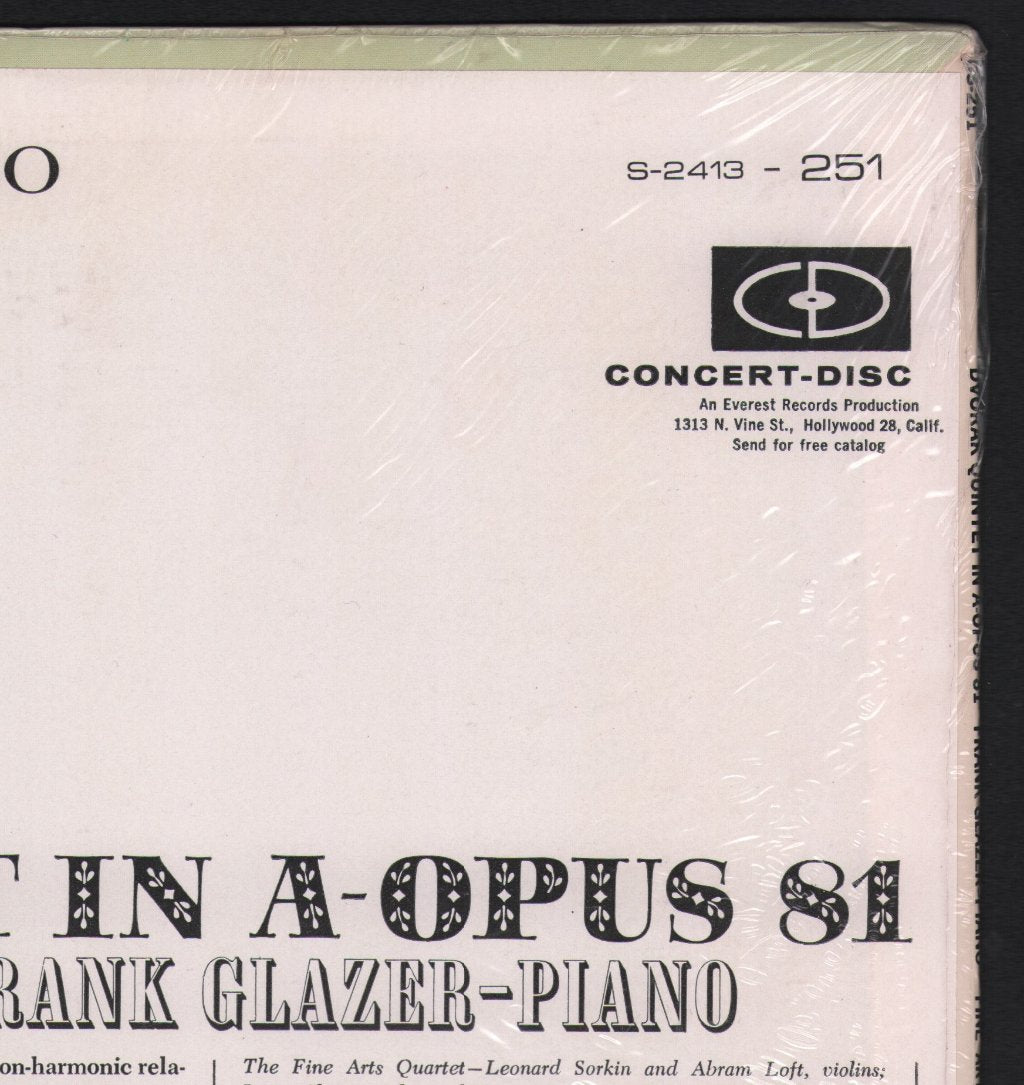 Frank Glazer / Fine Arts Quartet - Dvorak - Quintet In A Major For Piano And Strings - Lp
