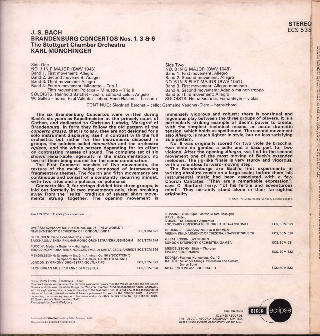 Johann Sebastian Bach - Brandenburg Concertos Nos 1, 3 & 6 - Lp