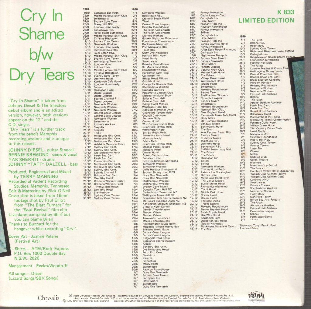 Johnny Diesel And The Injectors - Cry In Shame - 7 Inch