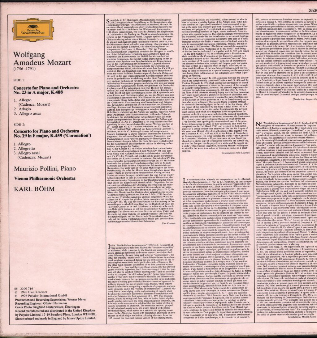 Maurizio Pollini / Karl Bohm / Vienna Philharmonic - Mozart - Piano Concertos K.488 & K.459 - Lp