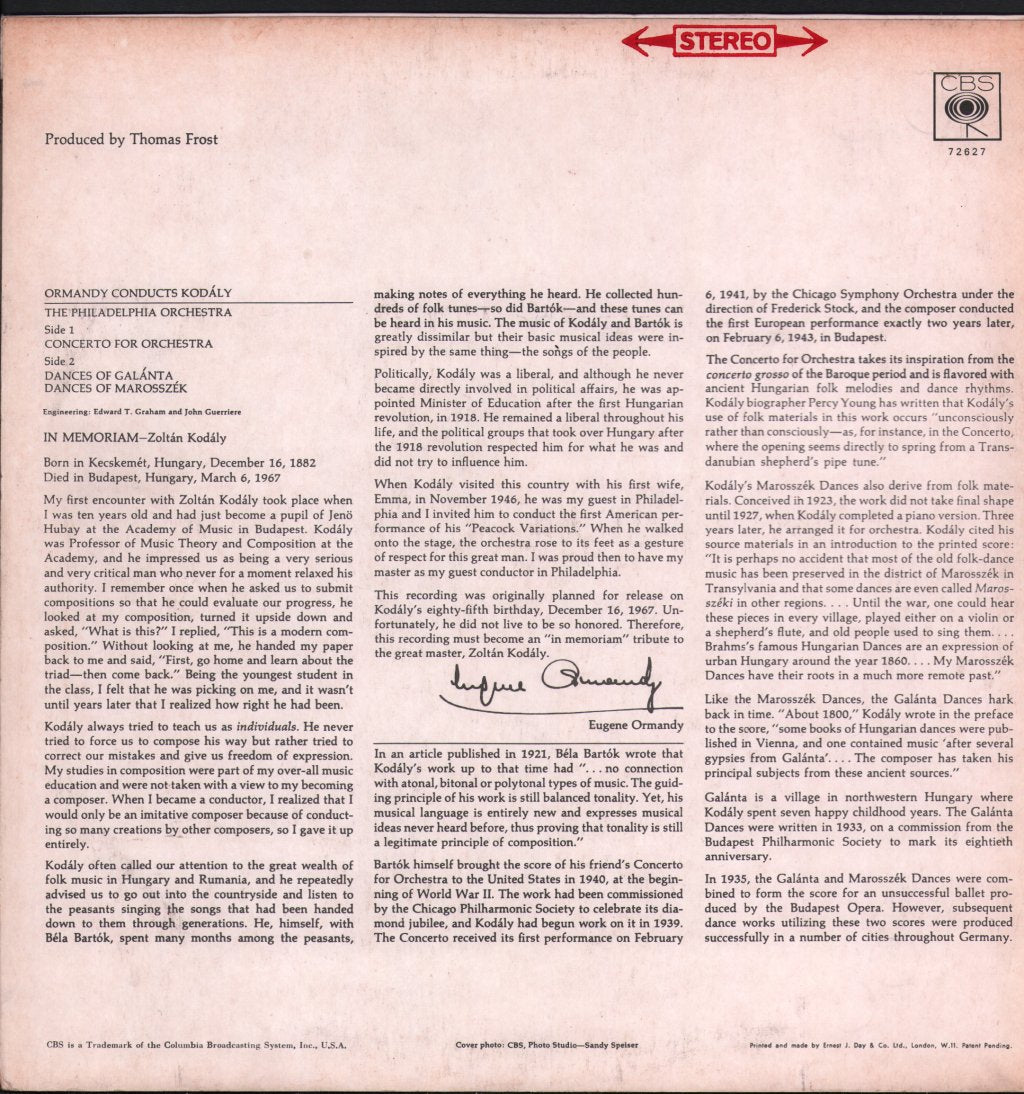 Eugene Ormandy / Philadelphia Orchestra - Ormandy Conducts Kodaly - Lp