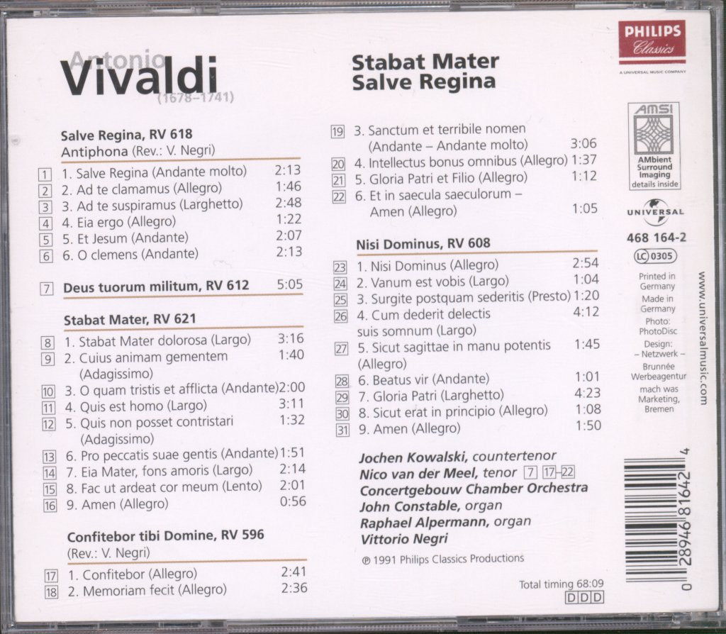 Jochen Kowalski - Nico Van Der Meel - Concertgebouw Chamber Orchestra - Vivaldi - Stabat Mater - Salve Regina - Cd