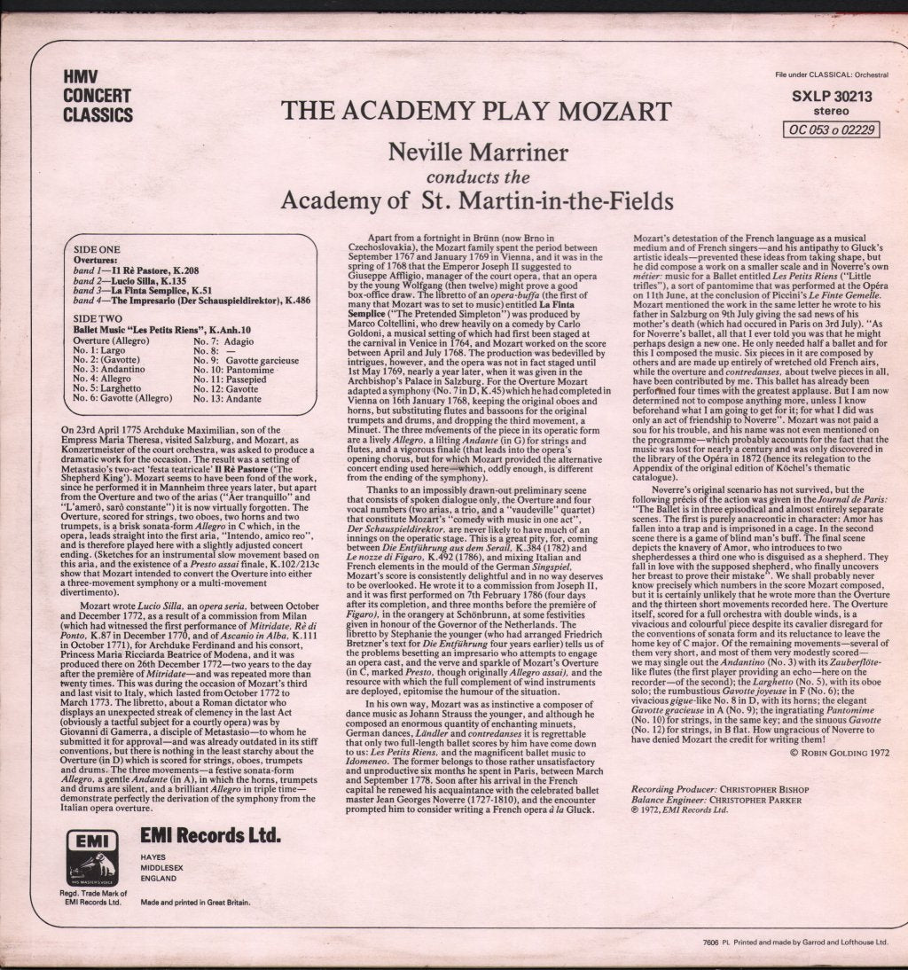 Neville Marriner / Academy Of St. Martin In The Fields - Academy Play Mozart - Ballet Music: Les Petits Riens / Overtures: Il Re Pastore / Lucio Silla - Lp