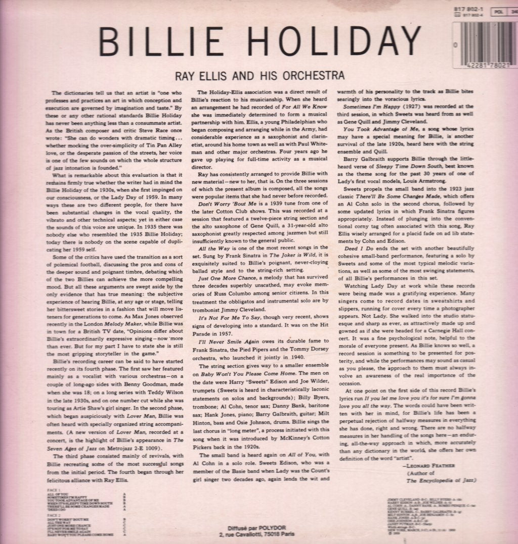 Billie Holiday With Ray Ellis And His Orchestra - Last Recording - Lp