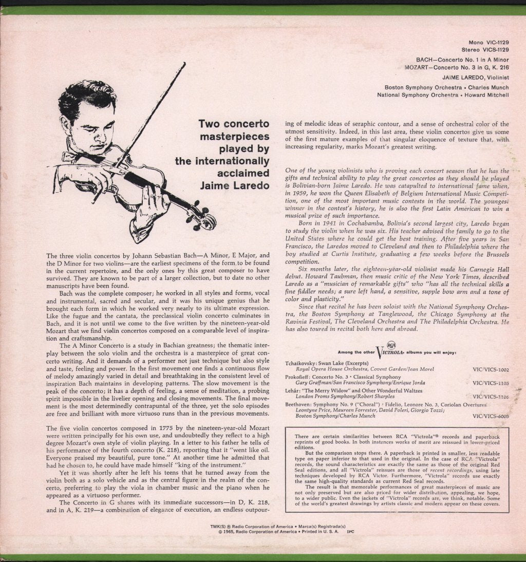 Jaime Laredo / Charles Munch / Boston Symphony Orchestra / Howard Mitchell / National Symphony Orchestra - Bach Violin Concerto No.1 In A Minor / Mozart Violin Concerto No.3 In G - Lp