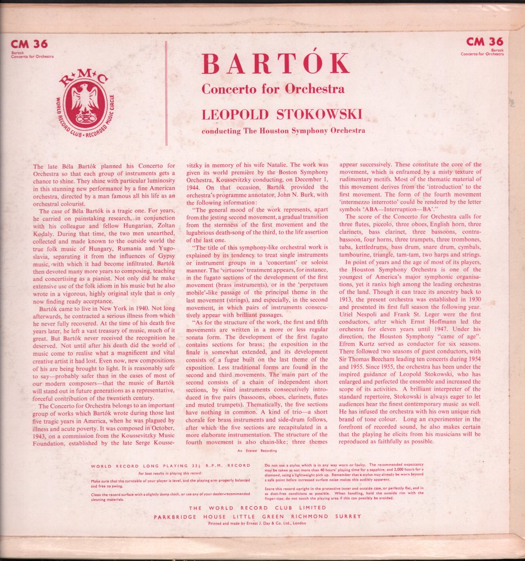 Leopold Stokowski / Houston Symphony Orchestra - Bartok - Concerto for Orchestra - Lp