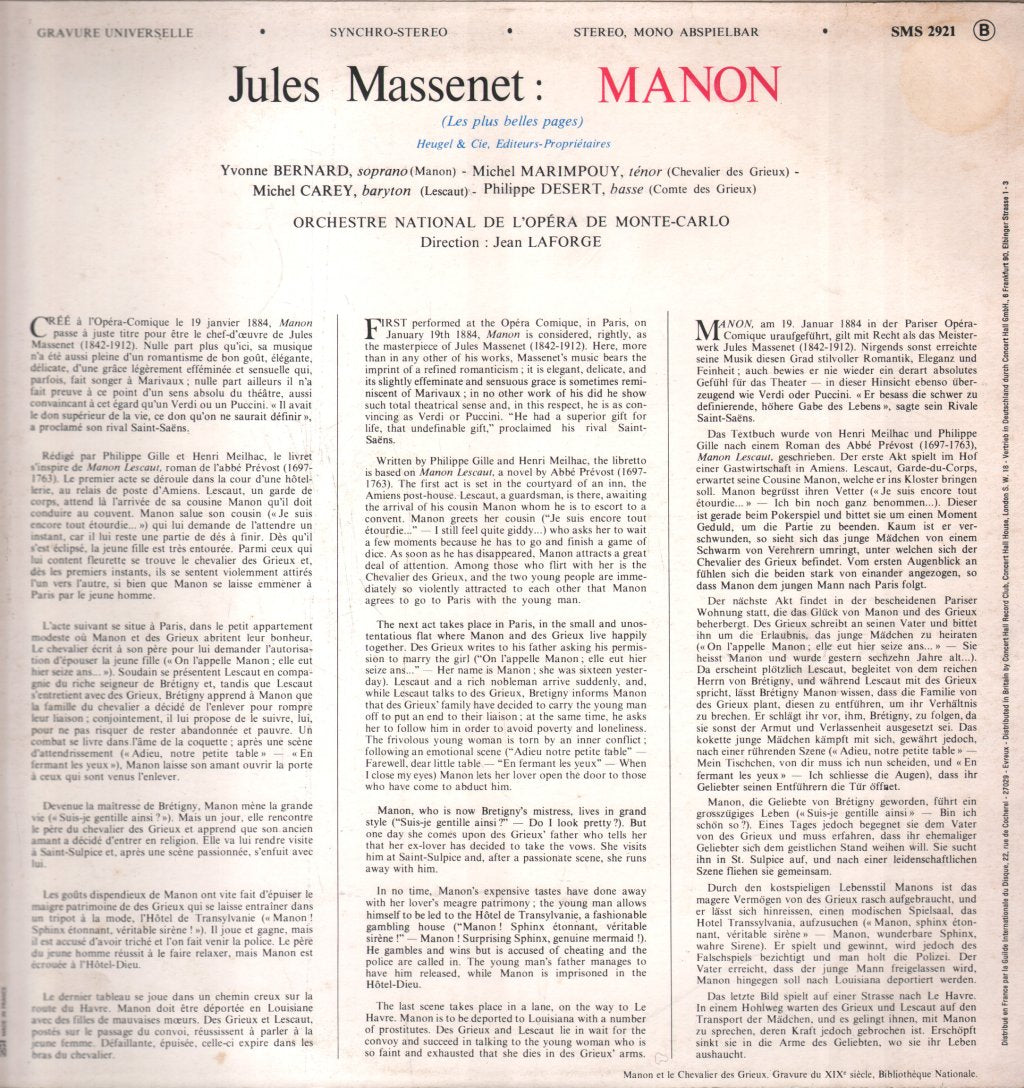 Yvonne Bernard / Michel Marimpouy / Orchestre National De L'Opera De Monte-Carlo - Jules Massenet - Manon Les Plus Belles Pages - Lp