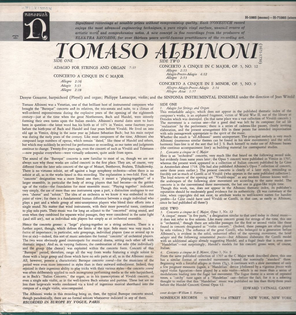 Sinfonia Instrumental Ensemble / Jean Witold - Tomaso Albinoni - Adagio For Strings And Organ - Lp