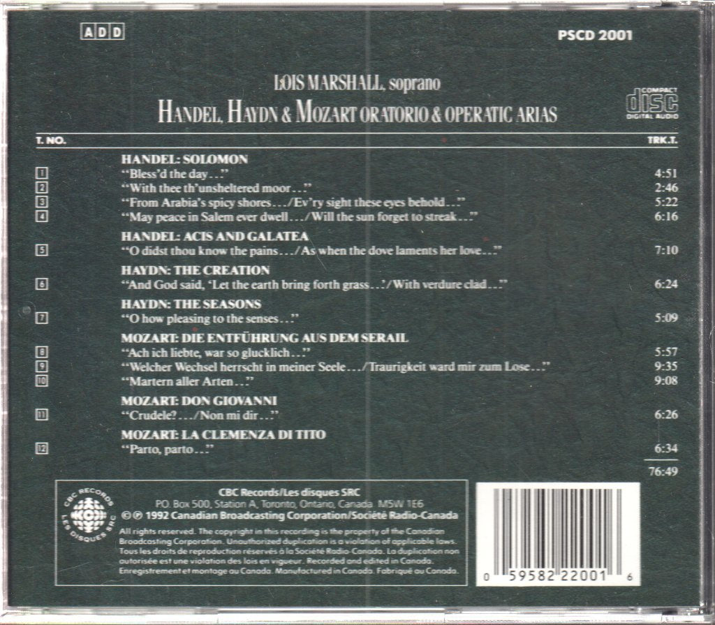Lois Marshall - Händel, Haydn & Mozart - Arias - Cd