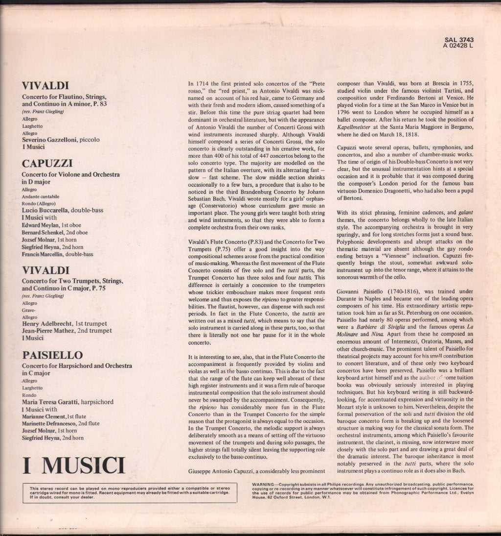 I Musici - Concerti For Various Instruments - Vivaldi / Capuzzi / Paisiello - Lp
