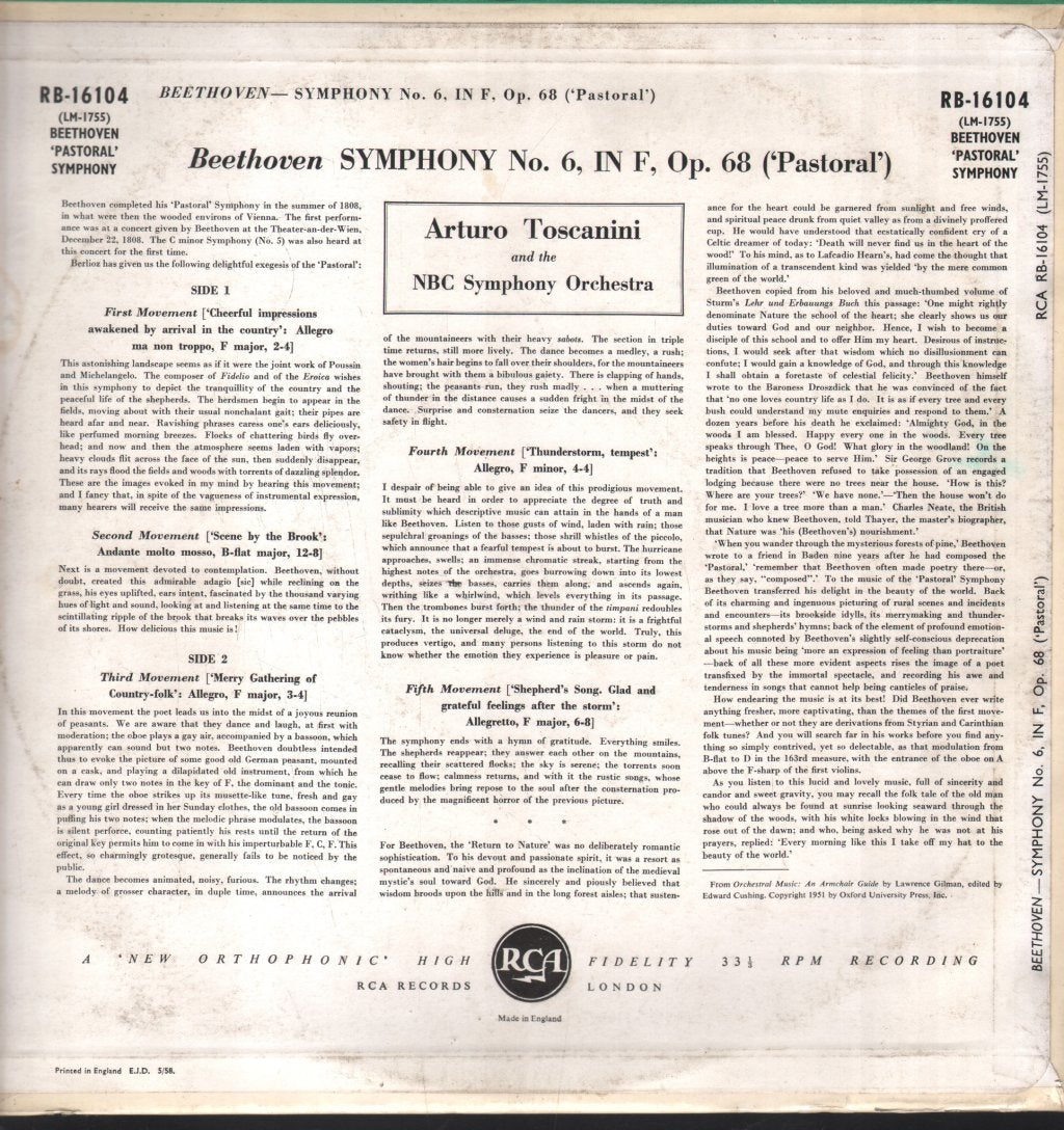 Arturo Toscanini / NBC Symphony Orchestra - Beethoven - Symphony No.6 "Pastorale" - Lp