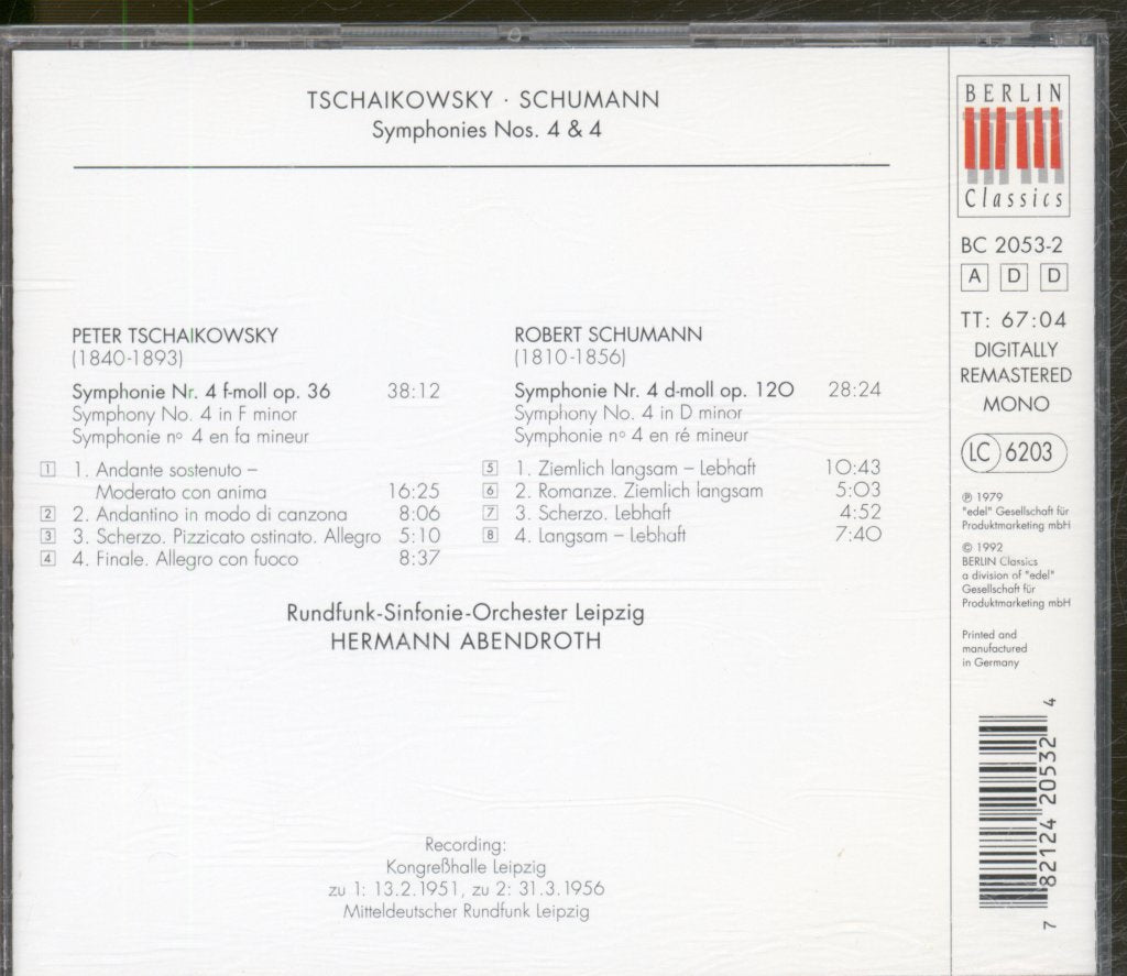 Hermann Abendroth, Rundfunk-Sinfonie-Orchester Leipzig - Hermann Abendroth Tchaikovsky / Schumann Symphonies 4 & 4 - Cd