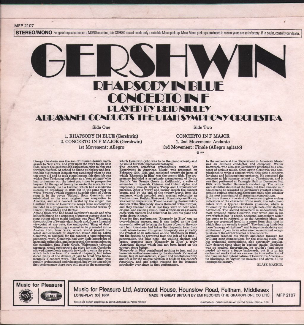 Reid Nibley / Utah Symphony Orchestra / Abravanel - Gershwin - Rhapsody In Blue / Concerto In F - Lp