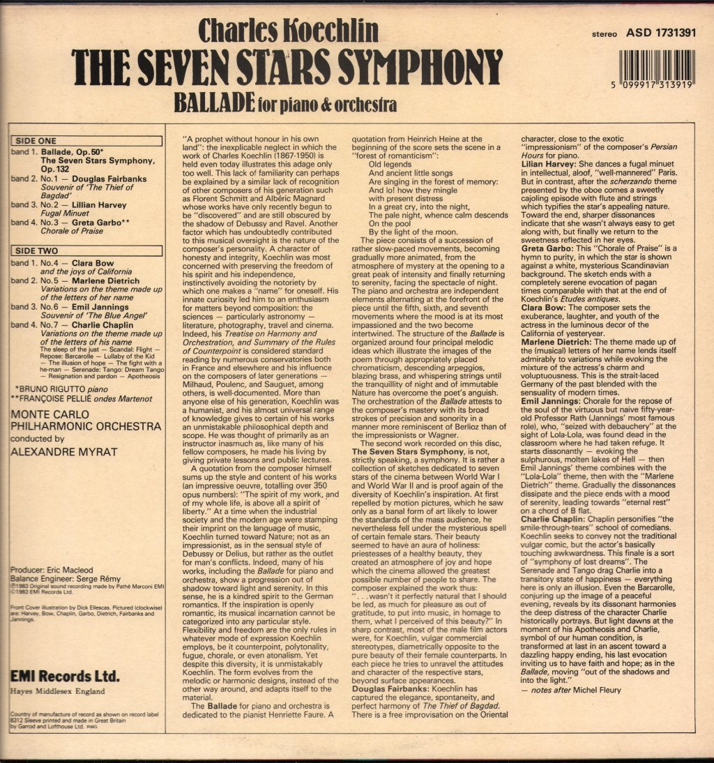 Monte-Carlo Philharmonic Orchestra / Alexandre Myrat - Charles Koechlin - Seven Stars Symphony / Ballade - Lp