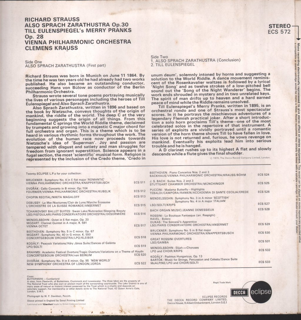 Clemens Krauss / Vienna Philharmonic Orchestra - Richard Strauss - Also Sprach Zarathustra / Till Eulenspiegel - Lp