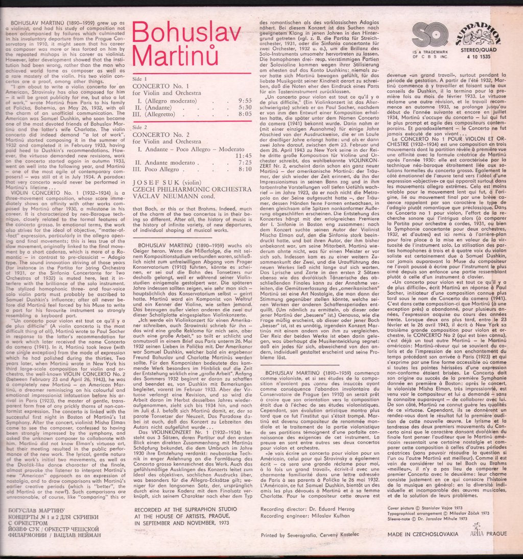Josef Suk / Czech Philharmonic Orchestra / Vaclav Neumann - Bohuslav Martinu - Concertos Nos. 1&2 For Violin And Orchestra - Lp