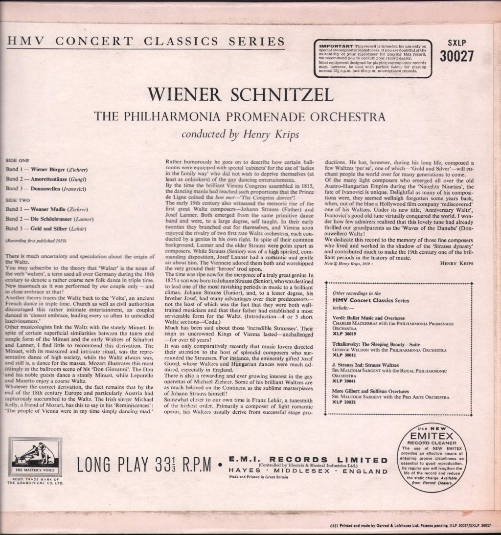 Henry Krips / Philharmonia Promenade Orchestra - Wiener Schnitzel - Viennese Music by Gung'l, Ivanovici, Lanner, Lehar & Ziehrer - Lp