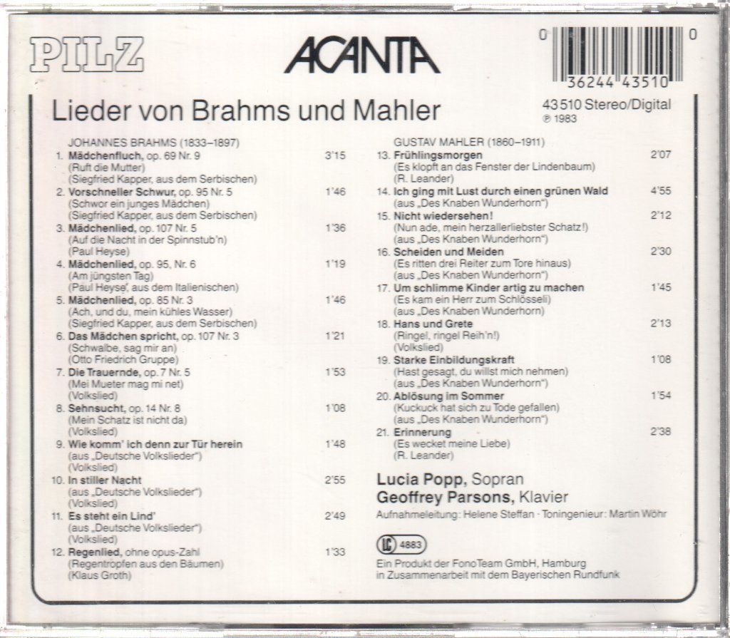 Lucia Popp - Mahler, Brahms - Lieder - Cd