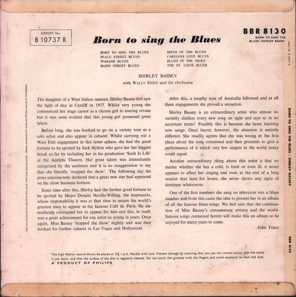 Shirley Bassey - Born To Sing The Blues - 10 Inch
