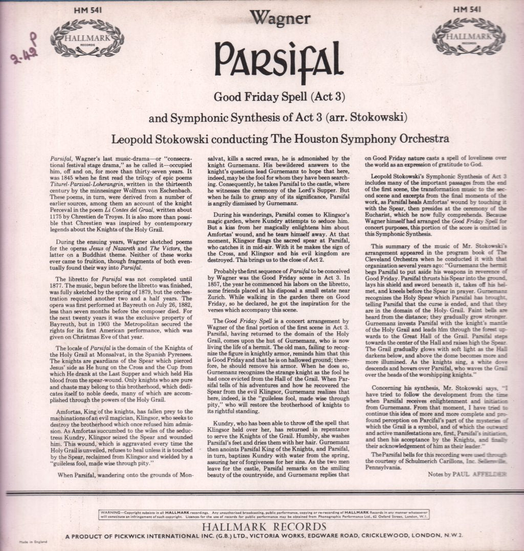 Leopold Stokowski / Houston Symphony Orchestra - Wagner Parsifal / Good Friday Spell - Lp