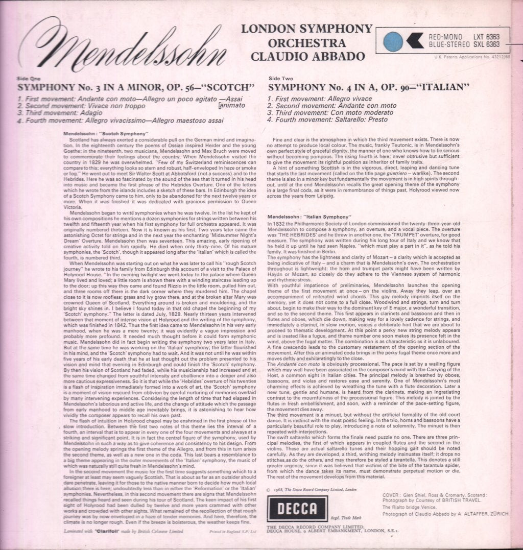 London Symphony Orchestra - Mendelssohn Scotch Symphony Italian Symphony - Lp