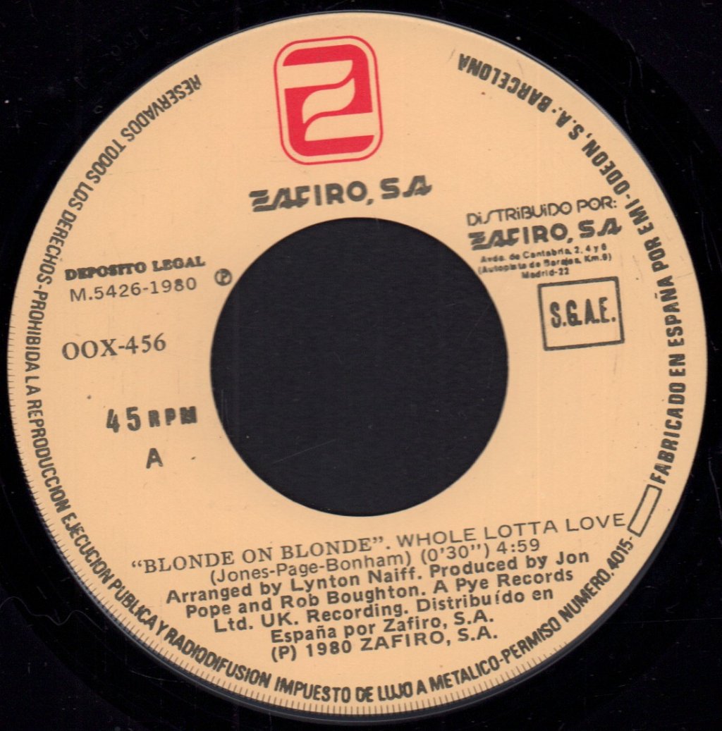 Blonde On Blonde (Girls Pop) - Whole Lotta Love - 7 Inch