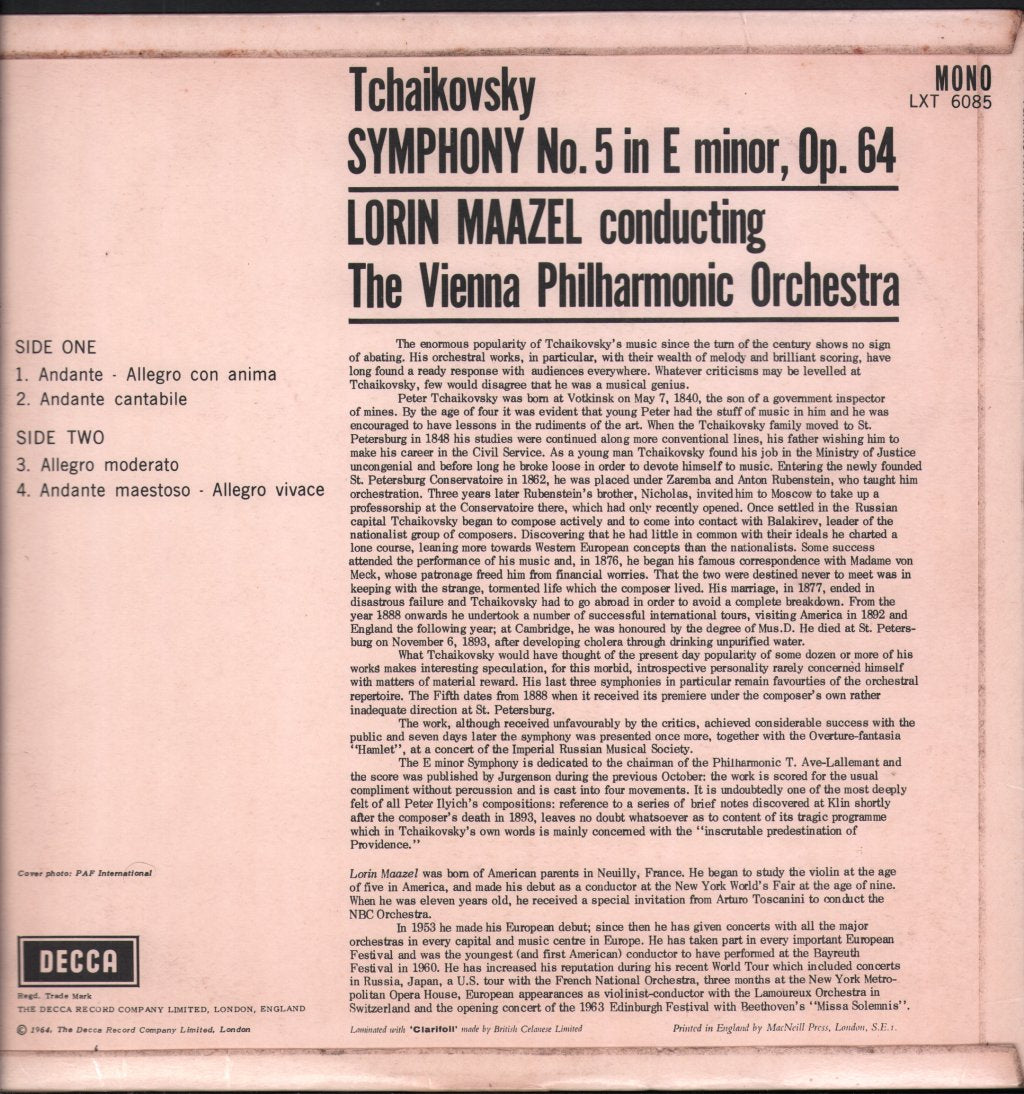 Lorin Maazel / Vienna Philharmonic Orchestra - Tchaikovsky - Symphony No.5 In E Minor - Lp