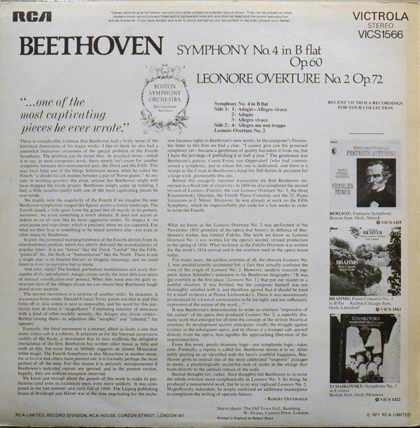Erich Leinsdorf / Boston Symphony Orchestra - Beethoven - Symphony No. 4 In B Flat Op. 60 / Leonore Overture No. 2 Op. 72 - Lp