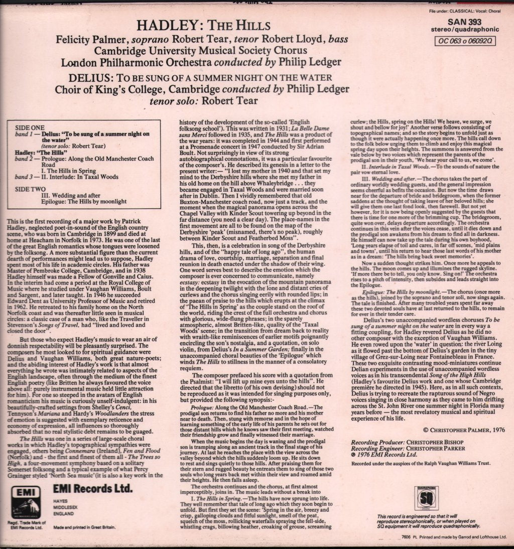 Felicity Palmer / Robert Tear / Robert Lloyd / London Philharmonic / King's College Choir Cambridge / Philip Ledger - Hadley - Hills / Delius - To Be Sung Of A Summer Night On The Water The Hills - Lp