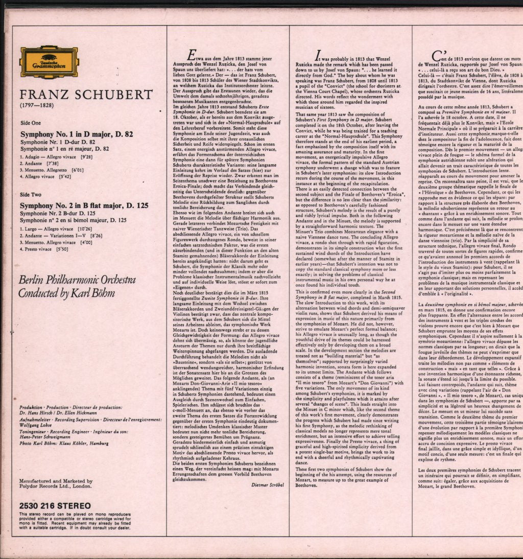 Karl Bohm / Berlin Philharmonic Orchestra - Franz Schubert - Symphonies No. 1 & No. 2 - Lp