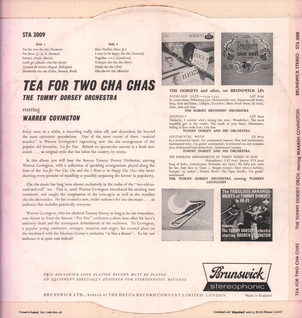 Tommy Dorsey Orchestra Starring Warren Covington - Tea For Two Cha Chas - Lp