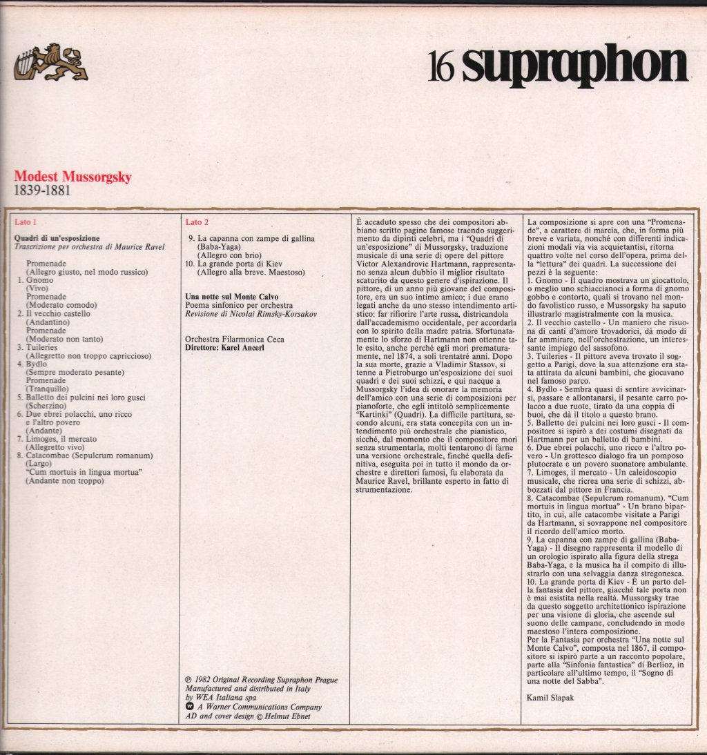 Karel Ancerl / Czech Philharmonic Orchestra - Mussorgsky - Quadri di un'esposizione Supraphon 16 - Lp