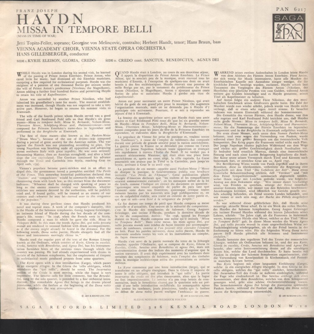 Hans Gillesberger / Vienna Academy Choir / State Opera - Haydn - Mass In Time Of War - Lp