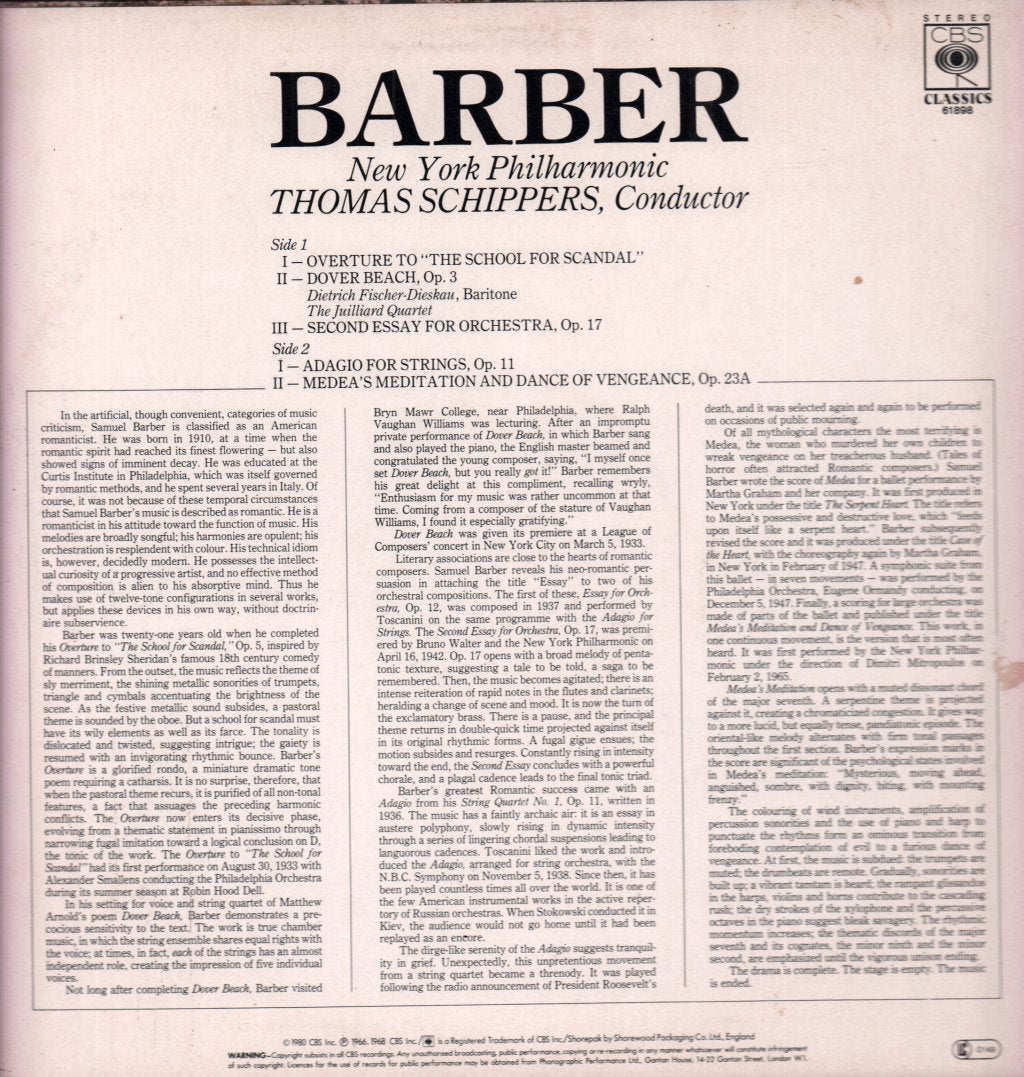 New York Philharmonic - Music Of Samuel Barber - Lp